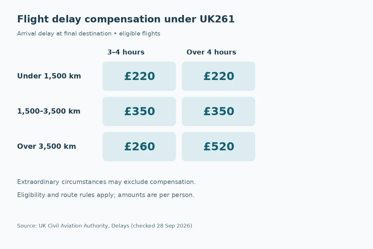 UK261 compensation amounts by flight distance and delay length